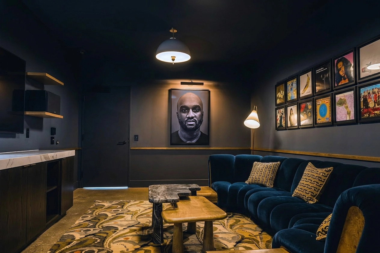 Music Room at The Fold at Stead 220 with blue velvet seating, patterned rug, and record-inspired decor