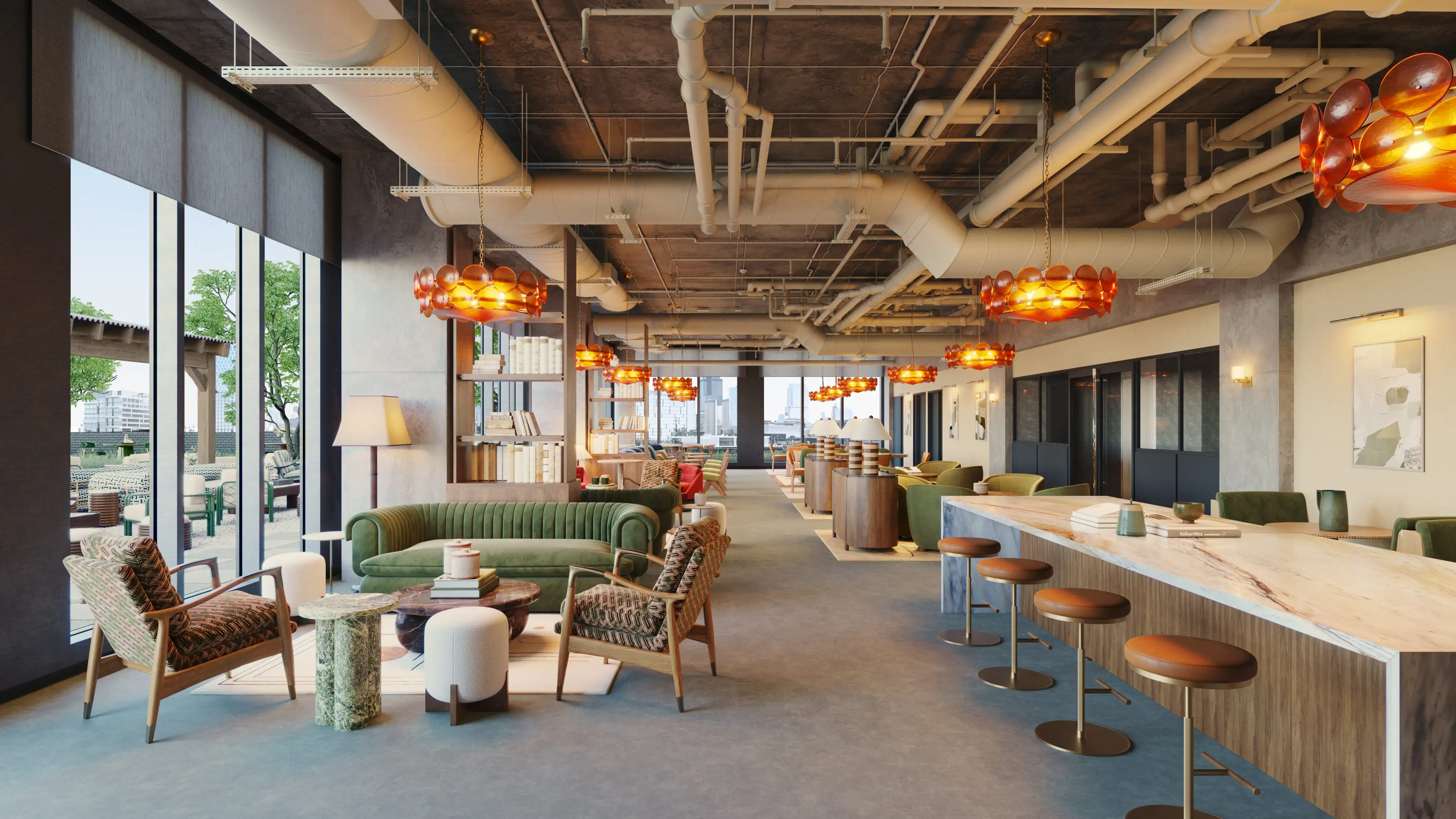 The Sitting Roomamenity lounge at Stead 220 with seating, tables, and floor-to-ceiling windows