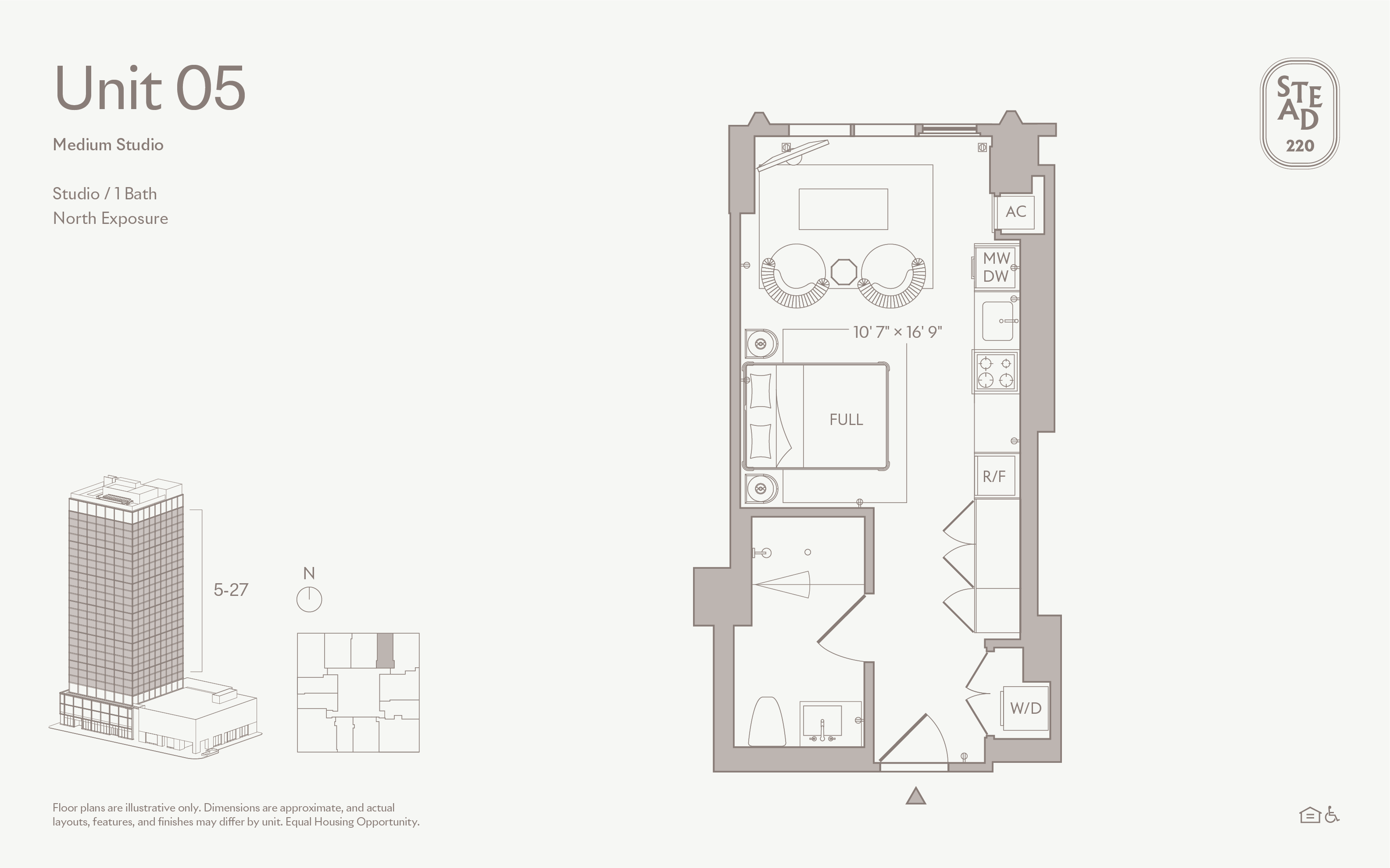 Living area in Medium Studio - Unit 05, Unit 5 at Stead 220, Fulton Market